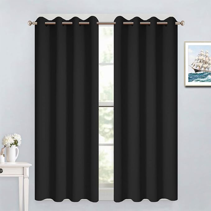 Yakamok Blackout Curtains for Bedroom - Grommet Thermal Insulated Room Darkening Curtains for Living Room, Set of 2 Panels (52 x 54Inch, Black)