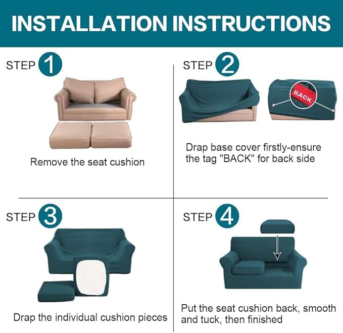 Turquoize 3 Piece Sofa Covers for 2 Cushion Couch Sofa Slipcover Soft Couch Cover for Dogs-Washable Sofa Furniture Covers with 2 Individual Cushion Covers, Thick Jacquard Fabric (Loveseat, Deep Teal)