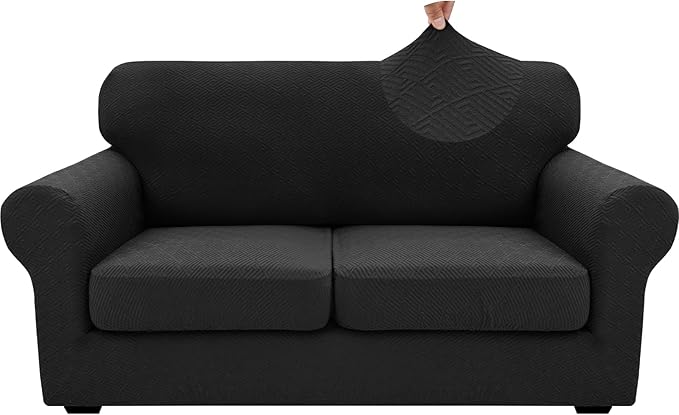 XINEAGE 2026 New 3 Pieces Couch Covers for 2 Cushion Sofa Super Stretch Loveseat Slipcover Pet Dog Universal Slip Cover Anti Slip Love Seat Furniture Protector (Black, 55"-69")