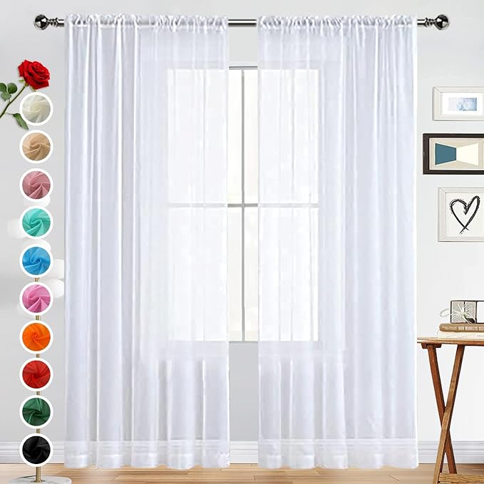 SpaceDresser Basic Rod Pocket Sheer Voile Window Curtain Panels White 1 Pair 2 Panels 70 Width 95 Inch Long for Kitchen Bedroom Children Living Room Yard(White,70 W x 96 L)