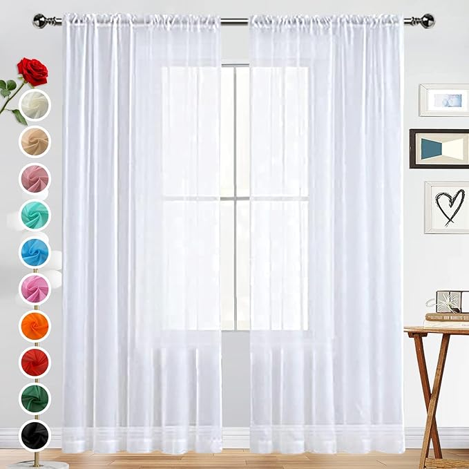 SpaceDresser Basic Rod Pocket Sheer Voile Window Curtain Panels White 1 Pair 2 Panels 42 Width 72 Inch Long for Kitchen Bedroom Children Living Room Yard(White,42 W x 72 L)