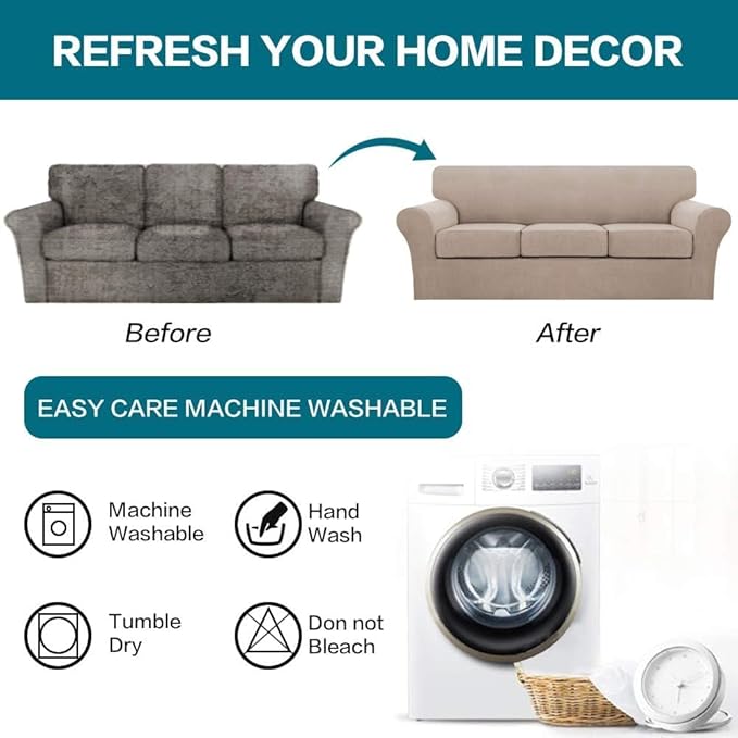Turquoize 4 Piece Sofa Covers for 3 Cushion Couch Sofa Slipcover Soft Couch Cover for Dogs Washable Furniture Cover with 3 Individual Large Cushion Covers Feature Fabric (Large Sofa, Sand)