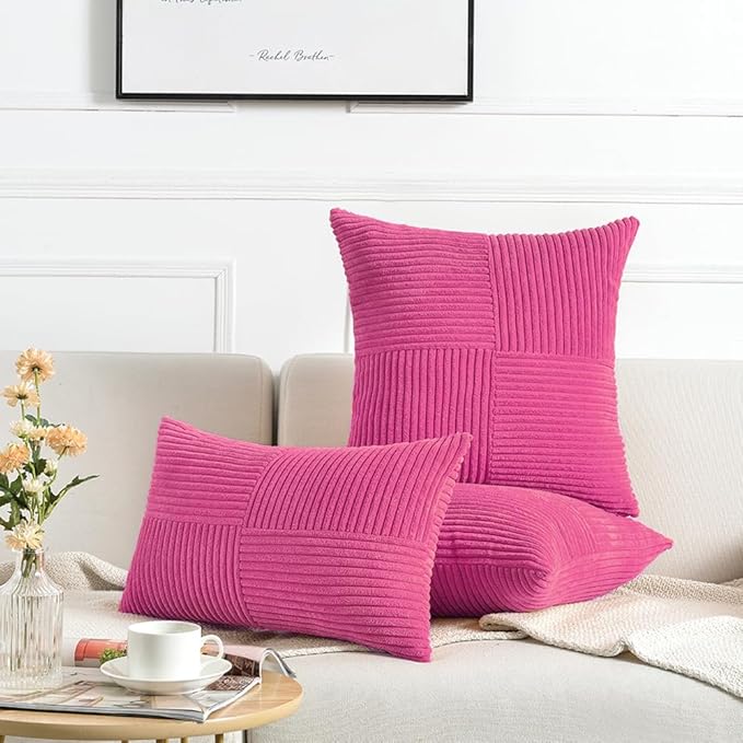 Fancy Homi 2 Packs Hot Pink Long Lumbar Decorative Throw Pillow Covers 12x24 Inch for Couch Bed Sofa, Rustic Farmhouse Boho Home Decor, Soft Striped Corduroy Rectangle Accent Cushion Case 30x60 cm