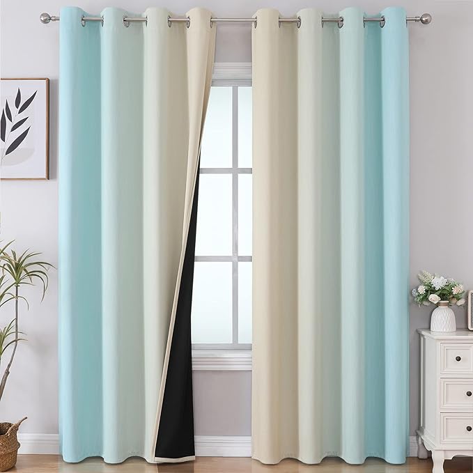 Estelar Textiler Ombre Aqua and Beige Blackout Curtains 96 Inches Long for Sliding Door, Gradient Thermal Insulated Full Light Blocking Grommet Blackout Drapes for Bedroom, 52Wx96L, 2 Panels