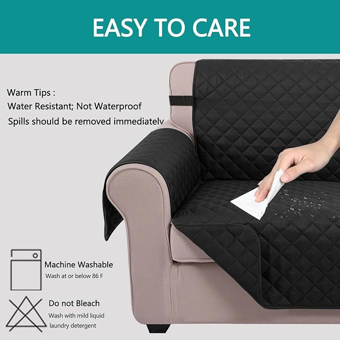 U-NICE HOME Recliner Chair Covers Reversible Quilted Water Repellent Pet Protectors with Elastic Straps (23''Recliner Small, Black/Black)