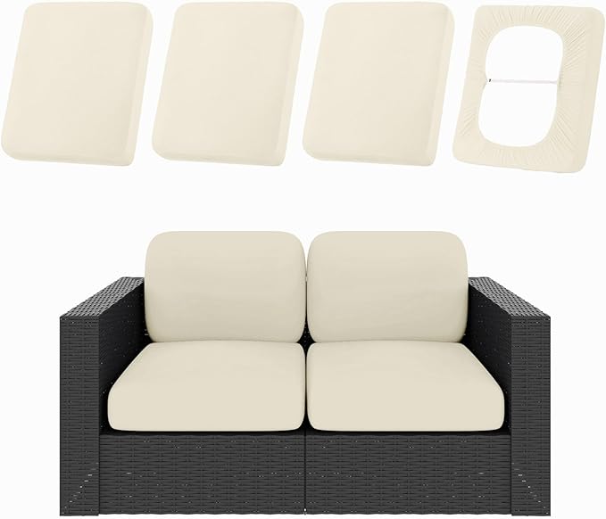 hyha 4Pcs Patio Cushion Covers, Stretch Outdoor Couch Cushion Covers Replacement, Washable Outdoor Chair/Sofa Slipcovers for Patio Furniture Cushions Protector with Elastic Bottom(Beige,Cover Only)