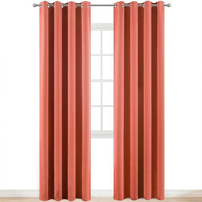 Yakamok Blackout Curtains 84 Inches Long Coral Room Darkening Thermal Insulated Solid Grommet Top Window Treatment Drapes Curtain for Bedroom Living Room 52x84 inch, Coral Orange, 2 Panels
