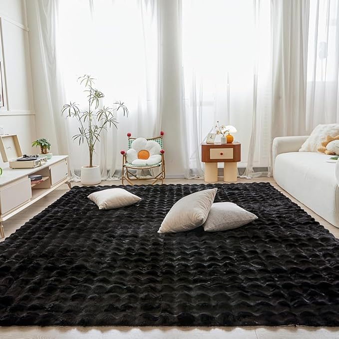 Black Rabbit Plush Rug 6'x9', Fluffy Faux Fur Shaggy Area Rug for Nursery, Kids Room Decor, Soft Fuzzy Carpet for Living Room, Bedroom, Teen Girls Room