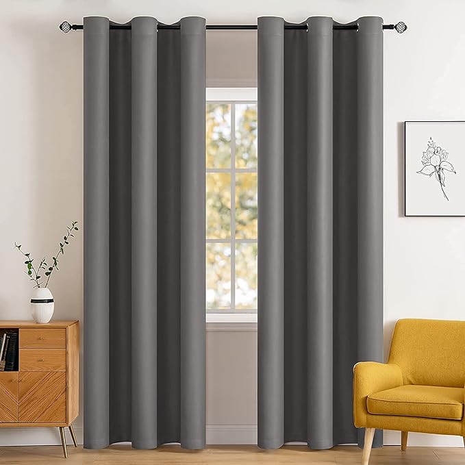 MIULEE 90" Long Blackout Curtains Room Darkening Thermal Insulated Drapes Solid Window Treatment Set Grommet Top Light Blocking Curtain for Living Room/Bedroom 2 Panels Grey