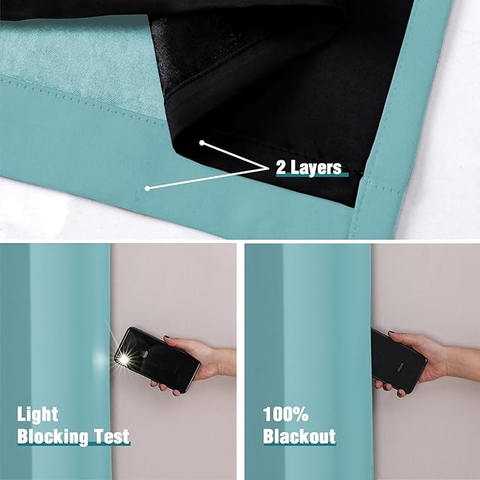 ChrisDowa 100% Blackout Curtains 72 inch Long for Bedroom with Black Liner, 2 Thick Layers Total Blackout Thermal Insulated Grommet Window Curtains 2 Panels Set (Aqua, 42 x 72 Inch)