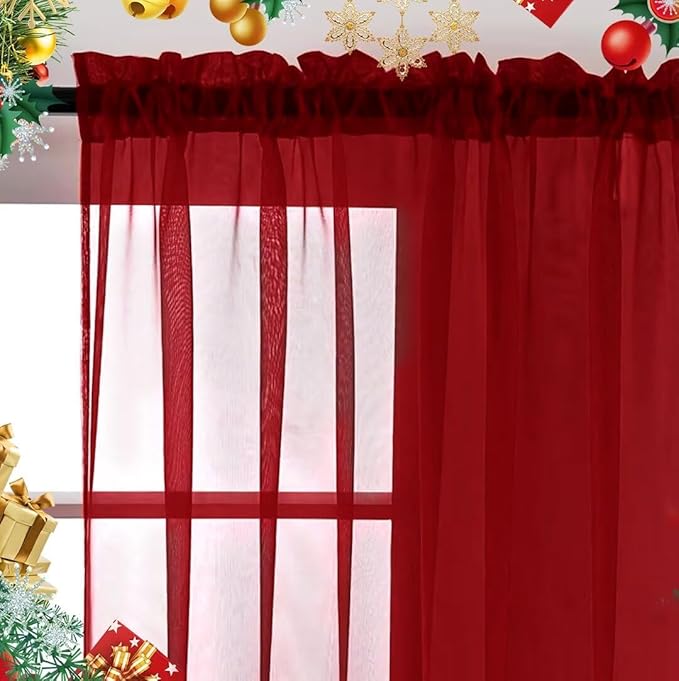 SpaceDresser Sheer Voile Window Treatment Rod Pocket Curtain Panels for Kitchen Bedroom Living Room Drapes Sunlight Filtering Privacy Semi Home Decor Assorted Colors Sizes (Christmas Red, 52 W x 90 L)