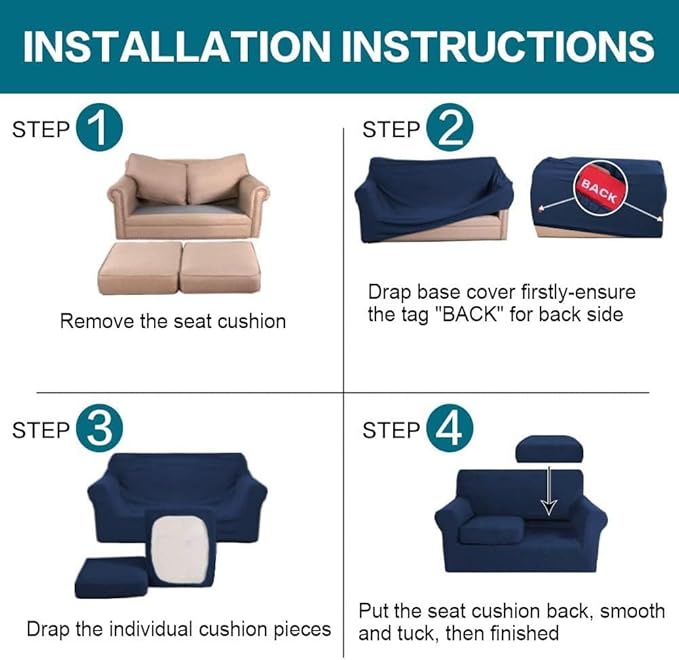Turquoize 3 Piece Sofa Covers for 2 Cushion Couch Sofa Slipcover Soft Couch Cover for Dogs-Washable Sofa Furniture Covers with 2 Individual Cushion Covers, Thick Jacquard Fabric (Loveseat, Navy)