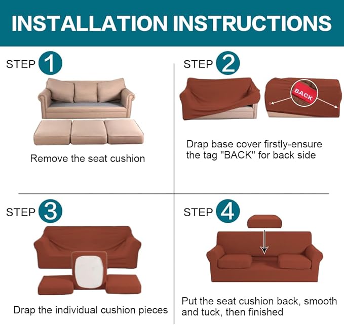 Turquoize 4 Piece Sofa Covers for 3 Cushion Couch Sofa Slipcover Soft Couch Cover for Dogs-Washable Sofa Furniture Covers with 3 Individual Cushion Covers (3 Cushion Sofa, Rust)