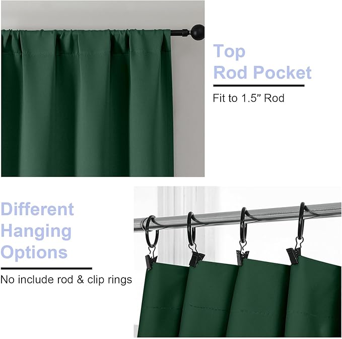 Simplebrand Ava Ever Green Blackout Curtains for Bedroom 63 Inch Length 2 Panels Set, Solid Thermal Insulated Privacy Living Room Window Treatment Curtains Blackout Drapes, W50 x L63 Inch