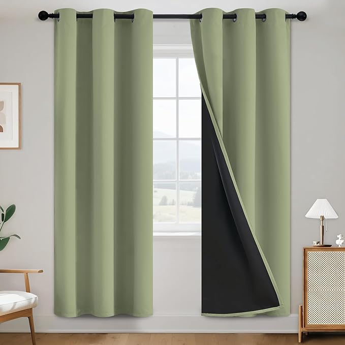 SimpleHome 100% Blackout Curtains for Bedroom,Thermal Insulated Sage Grommet Window Drapes Room Darkening Curtains for Living Room with Black Back,38 x 72 Inch,2 Panels