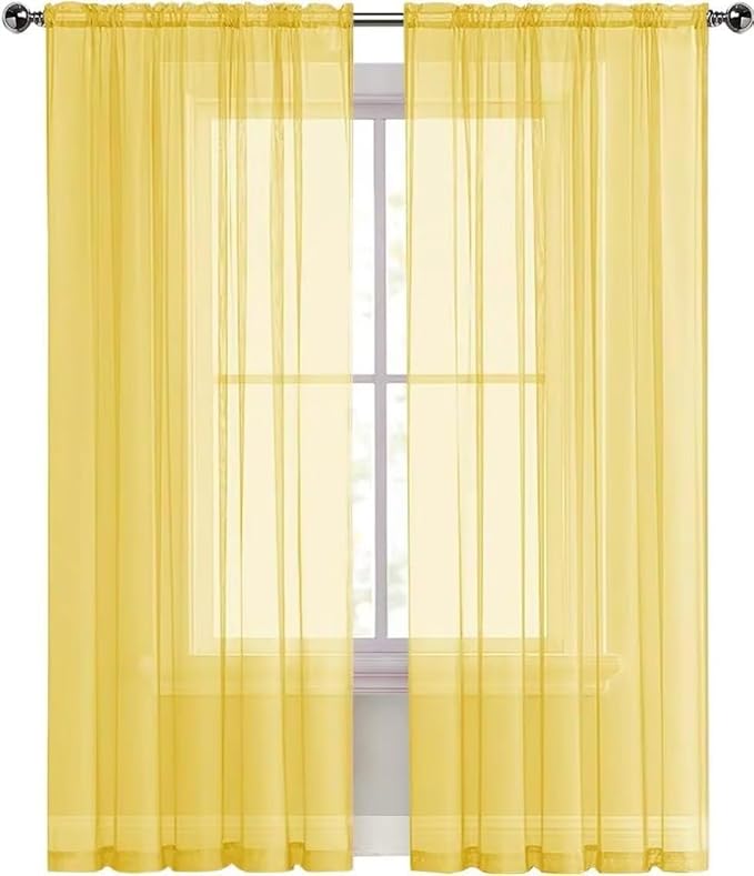 SpaceDresser Yellow Sheer Curtains 4 Panels Rod Pocket Semi-Sheer Curtain 90 Inches Long Light Filtering Voile Window Drapes for Bedroom Living Room Kitchen, Each 52W x 90L