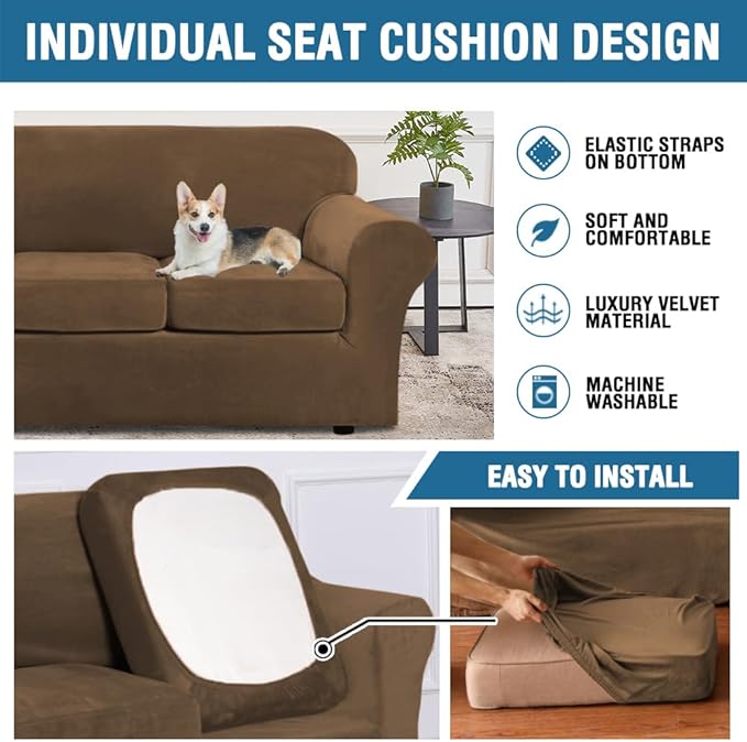 H.VERSAILTEX Modern Velvet Plush 4 Piece High Stretch Sofa Slipcover Furniture Protector Form Fit Velvet Extra Large Sofa Cover for 3 Cushion Couch Width Up to 105 Inch (XL Sofa, Bronze Brown)