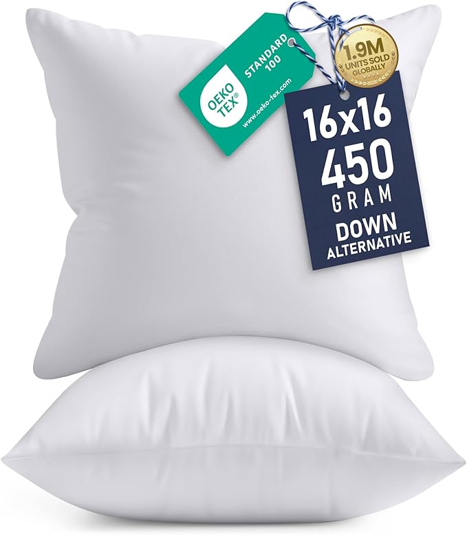 Utopia Bedding 16x16 Pillow Inserts, Set of 2, White – Indoor Decorative Throw Pillows for Bed, Sofa & Couch – Soft, Supportive & Fluffy Cushion Inserts