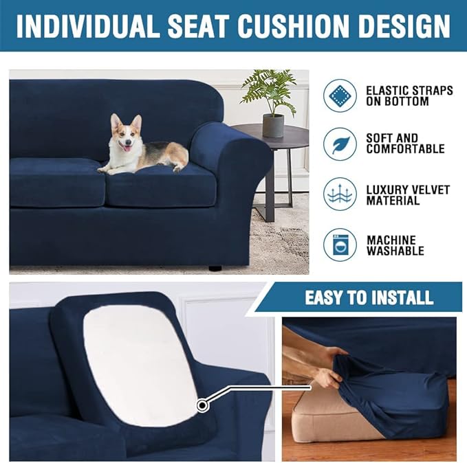 H.VERSAILTEX Modern Velvet Plush 4 Piece High Stretch Sofa Slipcover Sofa Cover Furniture Protector Form Fit Luxury Thick Velvet Sofa Cover for 3 Cushion Couch Width Up to 90 Inch (Sofa,Navy)