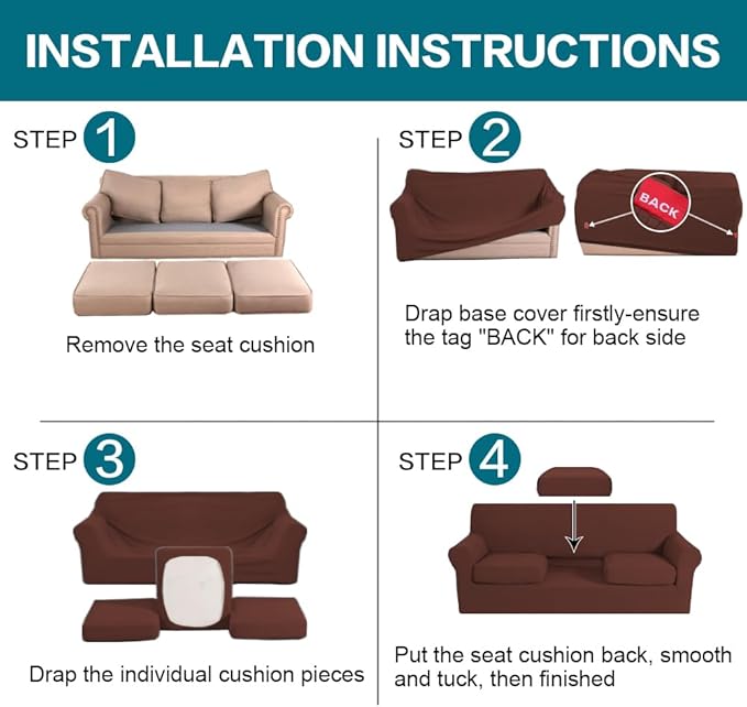 Turquoize 4 Piece Sofa Covers for 3 Cushion Couch Sofa Slipcover Soft Couch Cover for Dogs-Washable Sofa Furniture Cover with 3 Individual Cushion Covers (3 Cushion Sofa, Burnt Brick)