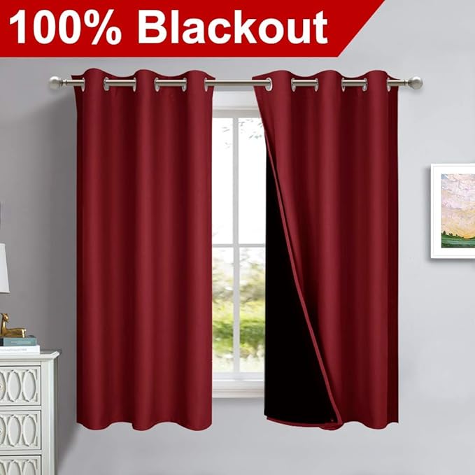 NICETOWN 100% Blackout Curtains 54 inches Long, Burgundy Red, 1 Pair, 42 inches Width Each Panel, Double-Deck Completely Blackout Window Treatment Thermal Insulated Lined Drapes for Small Window
