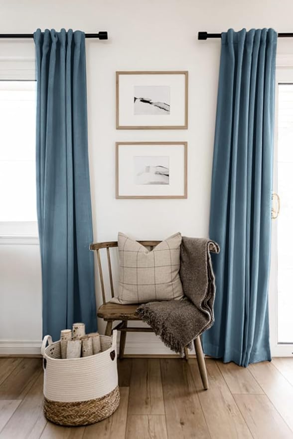 100% Blackout Shield Linen Blackout Curtains for Bedroom 90 Inches Long, Back Tab/Rod Pocket Living Room Drapes, Thermal Insulated Blackout Curtains 2 Panels Set, 50" W x 90" L, Stone Blue