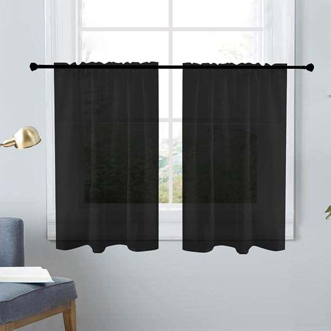 SpaceDresser Basic Rod Pocket Sheer Voile Window Curtain Panels Black 1 Pair 2 Panels 26 Width 24 Inch Long for Kitchen Bedroom Children Living Room Yard（Black，26Wx 24L）