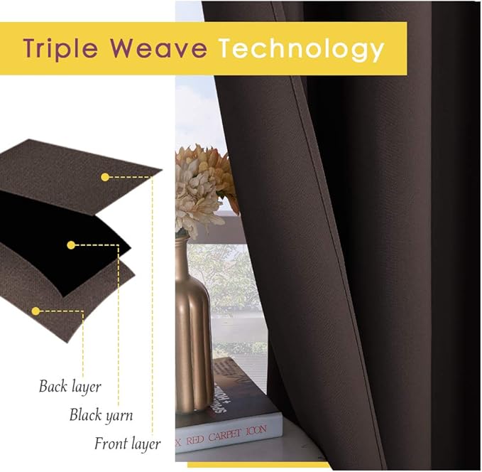 NICETOWN Blackout Curtains & Drapes for Bedroom, Toffee Brown, W34 x L40, Set of 2, Triple Weave Grommet Top Thermal Insulated Light Blocking Panels for Bathroom/Living Room