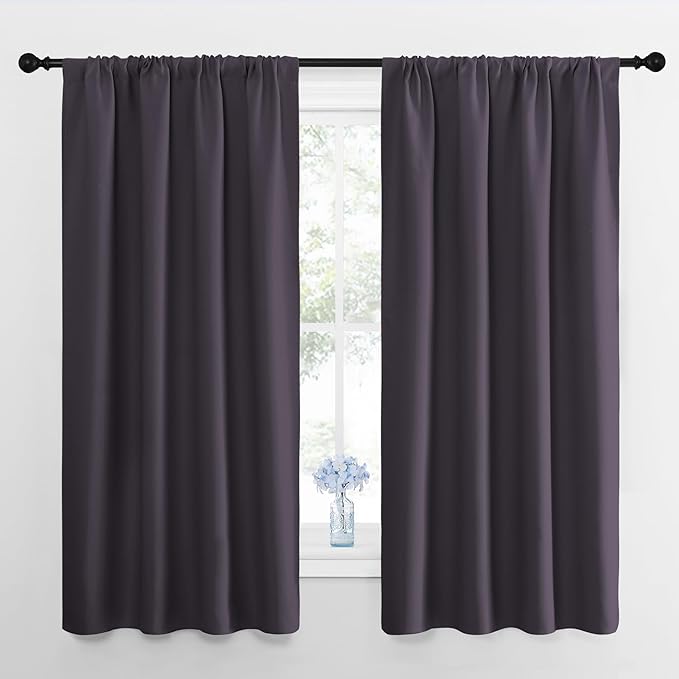 NICETOWN Bedroom Curtains Blackout Draperies, Greyish Purple, 1 Pair, 34-inch W x 63-inch L, Home Decorations Thermal Insulated Solid Pole Top Blackout Drapes for Living Room