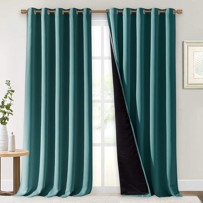NICETOWN Total Shade Curtains and Draperies, Sea Teal, Package of 2, 62 inches Wide x 95 inches, LongHeavy-Duty Full Light Shading Drapes with Black Liner Backing for Villa/Hall/Dorm Window