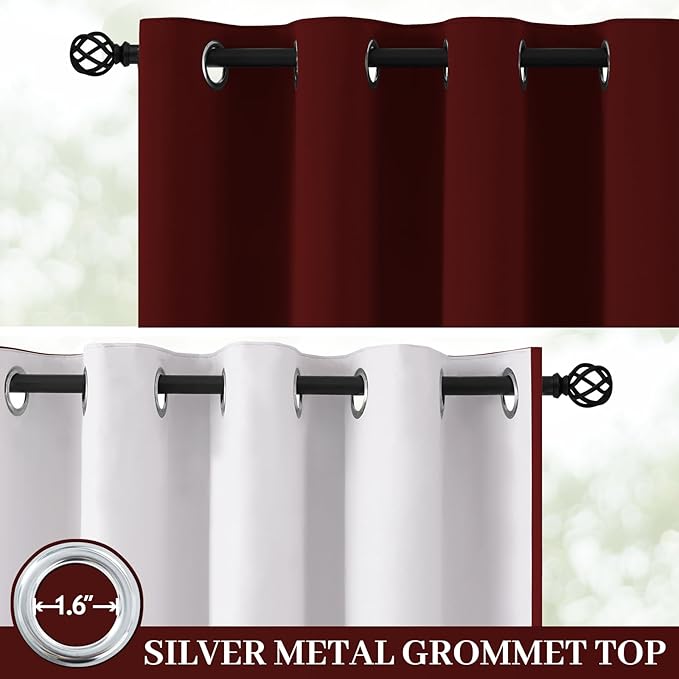 Yakamok 100% Blackout Curtain Panels 63 inches Cold and Light Blocking Drapes for Nursery, 2 Thick Layers Thermal Insulated Draperies (2 Pieces, 50 Wide Each Panel, Burgundy Red/White Backing)