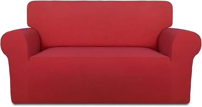 PureFit Super Stretch Sofa Slipcover – Spandex Non Slip Soft Couch Sofa Cover, Washable Furniture Protector with Non Skid Foam and Elastic Bottom for Kids, Pets （Loveseat, Red）