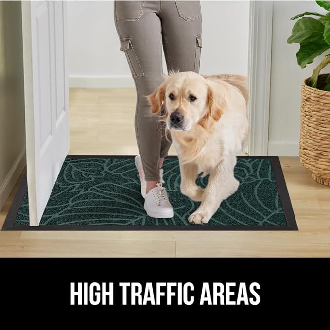 GORILLA GRIP 100% Waterproof All-Season WeatherMAX Doormat 35x23, US Designed Natural Rubber, Stain and Fade Resistant, Low Profile Indoor Outdoor Door Mats, Easy Clean Patio Mat, Green Palm