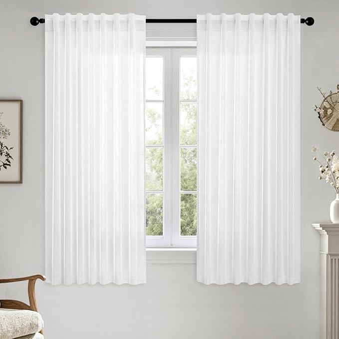 MIULEE White Linen Curtains 64 Inch Length 2 Panels for Kitchen Bedroom, Soft Thick Linen Textured Window Drapes Semi Sheer Light Filtering Back Tab Rod Pocket Burlap Look Decor