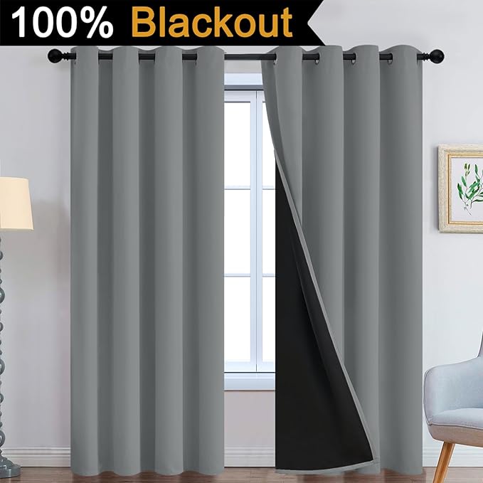 Yakamok Dove Grey 100% Blackout Curtains, Thermal Insulated Total Blackout Drapes for Bedroom, Heat Blocking Window Curtains for Living Room(52Wx84L, 2 Panels)
