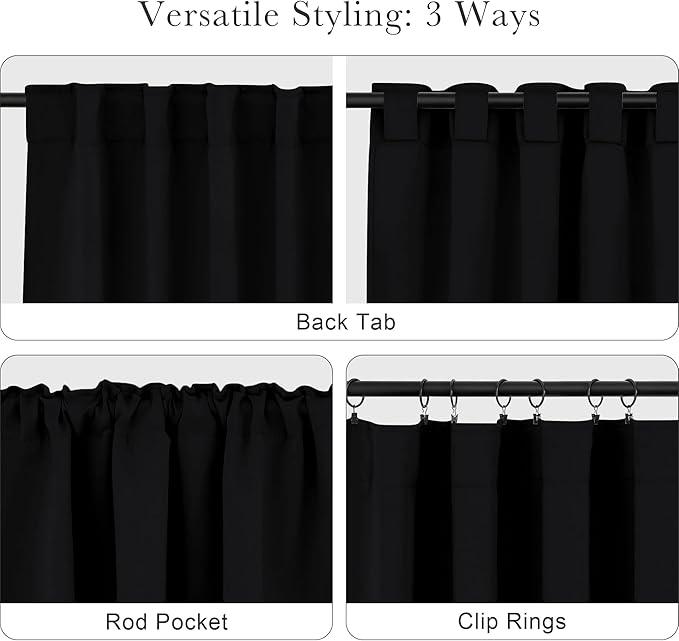 PONY DANCE Black Kitchen Blackout Curtains Over Sink, Short Half Curtains for Bathroom Basement Small Window Decor, Thermal Insulated Light Blocking Bedroom Draperies, W 42 x L 45 inches, 2 Panels Set