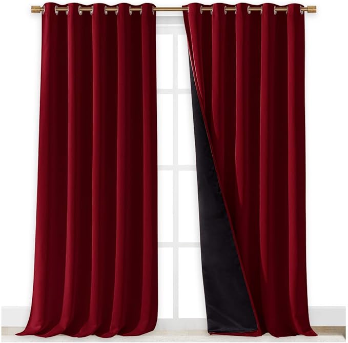 NICETOWN Truly Blackout Drapes for Living Room, Heavy-Duty Full Light Shading Curtain Set with Black Liner Backing for Villa/Hall/Dorm Window（Burgundy Red, Set of 2, 70 inches Wide x 95 inches Long