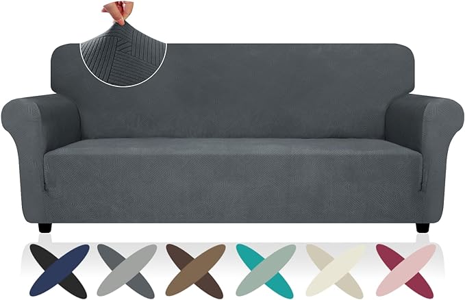 ZNSAYOTX Super Stretch Couch Cover (72"-92"), New Striped Sofa Covers Fitted Slipcovers with Elastic Bottom, Dog Cat Pets Proof Spandex Fabric Comfortable & Durable (Dark Grey, Sofa)