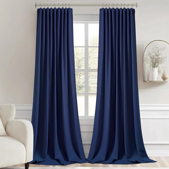 MIULEE Navy Blue Back Tab Blackout Curtains 102 Inch Long 2 Panels Set for Bedroom, Rod Pocket/Pinch Pleated Thermal Insulated Living Room Darkening Light Blocking Floor to Ceiling Drapes