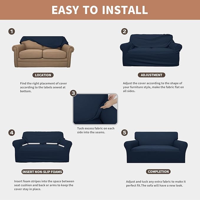 Easy-Going 100% Waterproof Oversized Loveseat Couch Cover, Dual Waterproof Sofa Cover, Stretch Jacquard Sofa Slipcover, Leakproof Furniture Protector for Kids, Pets, Dog and Cat, Dark Blue