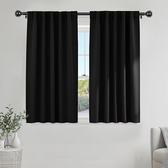 PONY DANCE Nursery Blackout Curtains - Thermal Insulated Panels Set Window Hidden Tab/Rod Pocket Light Blocking Curtain Drapes for Bedroom, 42-inch Wide by 54-inch Long, Black, 2 Pieces