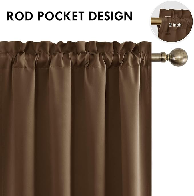 DWCN Blackout Curtains for Living Room Thermal Insulated, Energy Saving & Noise Reducing Bedroom Curtains, Brown, W 52x L 36 Inch, Set of 2 Rod Pocket Curtain Panels