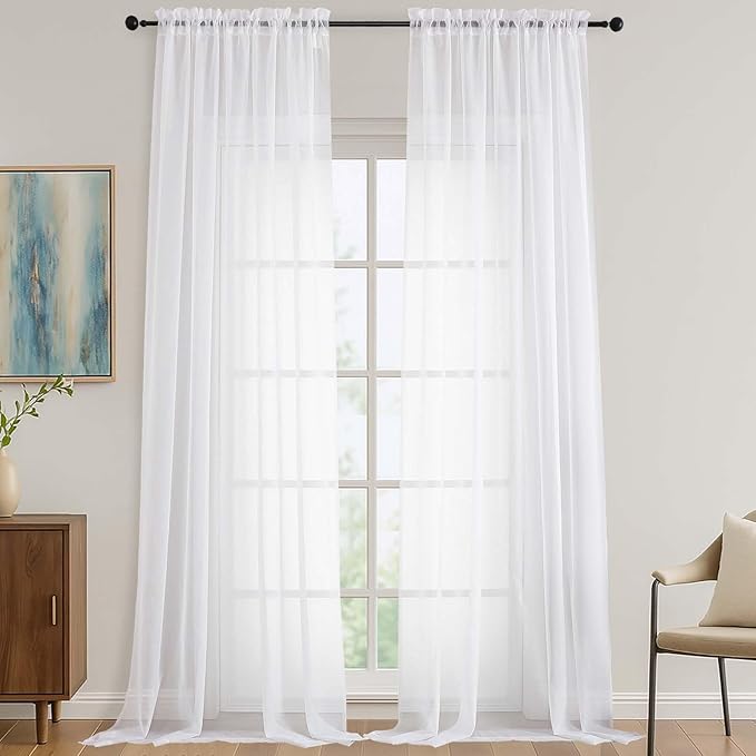 OVZME White Sheer Curtains 108 Inches Long 2 Panels Set, Extra Wide Solid Lightweight & Airy Gauzy Window Treatments with Light Filtering for Patio Sliding Door, 59Wx108L Inches