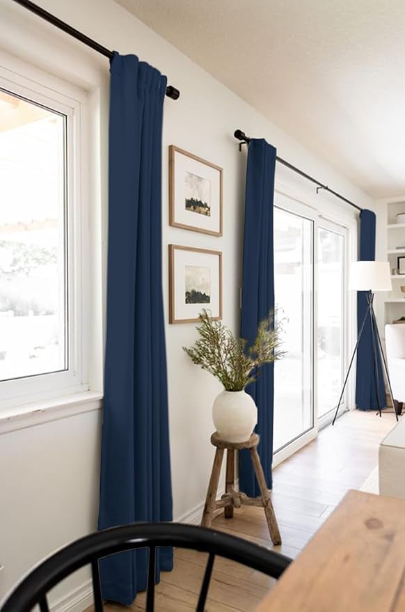 100% Blackout Shield Linen Blackout Curtains for Bedroom 96 Inches Long, Back Tab/Rod Pocket Living Room Drapes, Thermal Insulated Blackout Curtains 2 Panels Set, 50" W x 96" L, Midnight Blue