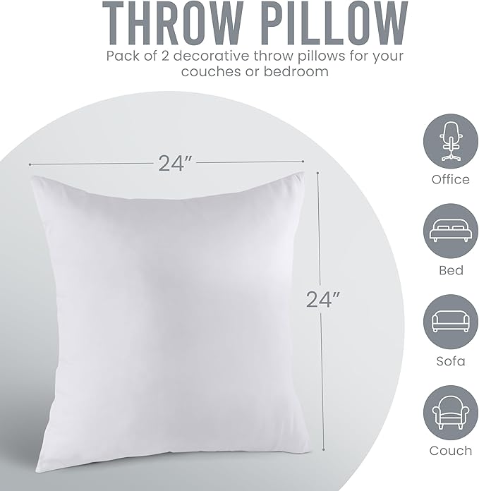 Utopia Bedding 24x24 Pillow Inserts, Set of 2, White – Indoor Decorative Throw Pillows for Bed, Sofa & Couch – Soft, Supportive & Fluffy Cushion Inserts