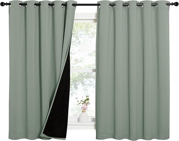 NICETOWN Greyish Green 100% Blackout Lined Curtains, 2 Thick Layers Completely Blackout Window Treatment Thermal Insulated Drapes for Kitchen/Bedroom (1 Pair, 62" Width x 63" Length Each Panel)