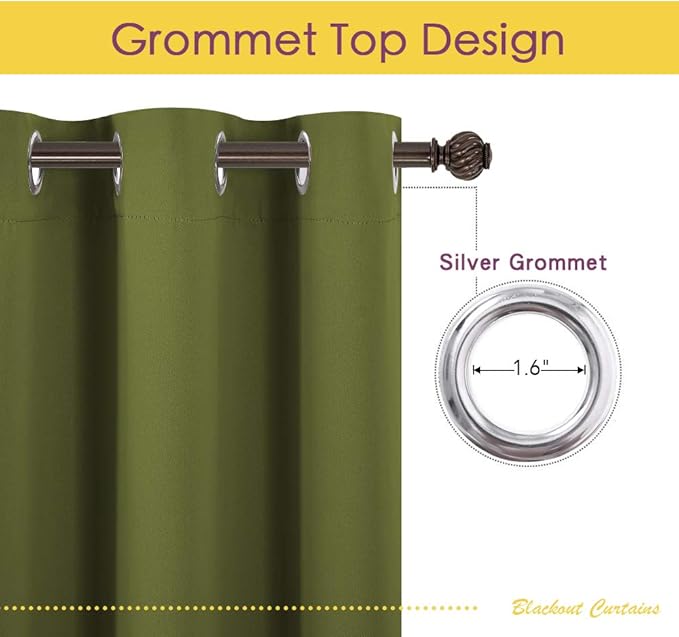 NICETOWN Blackout Window Curtains 60 inch Length 2 Panels, 34 x 60 Inch, Olive Green, Grommet Top Room Darkening Thermal Insulated Solid Vertical Drapes for Bedroom/Kid Room