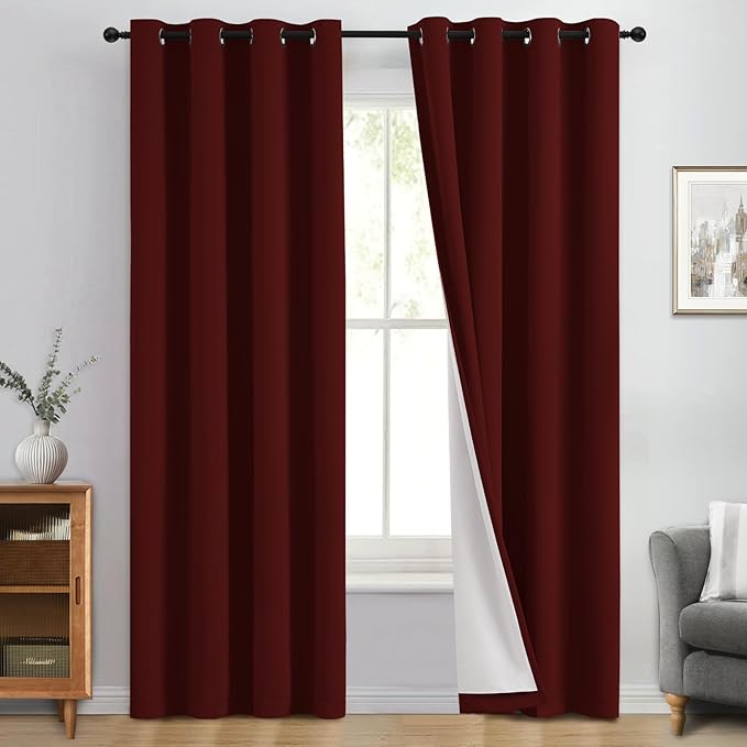 Yakamok 100% Blackout Curtain Panels 84 inches Cold and Light Blocking Drapes for Nursery, 2 Thick Layers Thermal Insulated Draperies (2 Pieces, 50 inch Width, Burgundy Red/White Backing)