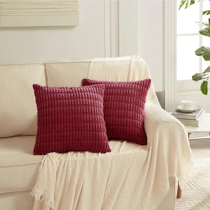 Fancy Homi 4 Packs Burgundy Decorative Throw Pillow Covers 20x20 Inch for Living Room Couch Bed, Holiday Christmas Home Decor Gift, Soft Plush Corduroy Square Cute Accent Cushion Case 50x50 cm