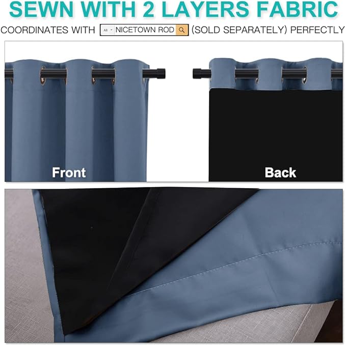 NICETOWN 100% Blackout Curtains 108 inches Long, Pair of Energy Smart & Noise Blocking Out Drapes for Baby Room Window, Thermal Insulated Guest Room Lined Window Dressing (Stone Blue, 70 inches Wide)